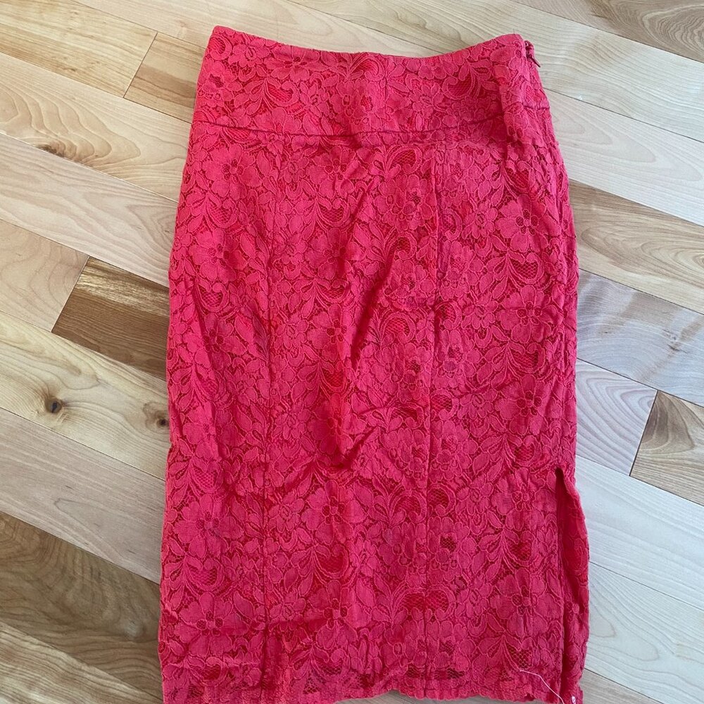 Express Red Lace Midi Pencil Skirt